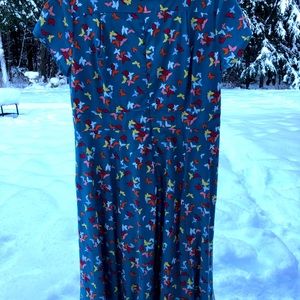 Teal green with butterflies Sz Large Cherry Velvet A-Frame Dress